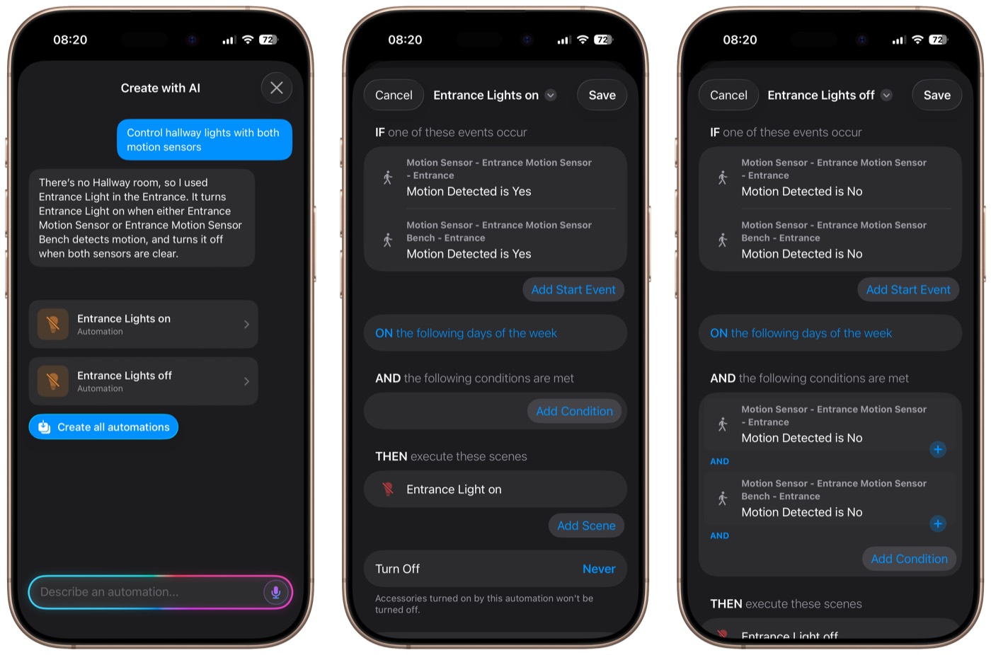 Controller AI creates two automations for multiple motion sensors