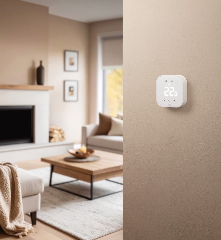 Eve Thermostat mounted on a living room wall