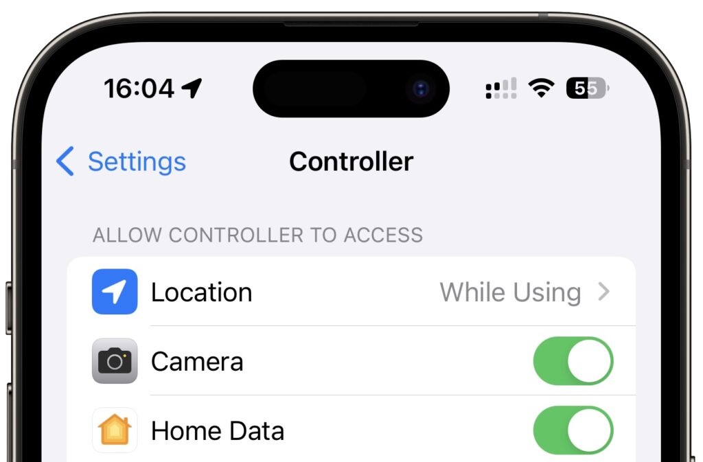 Home Data toggle in the iOS settings for Controller for HomeKit