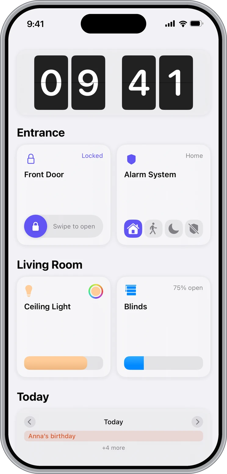 Controller for HomeKit on iPhone: a dashboard with a flip clock, the front door lock, the alarm system, a ceiling light, the blinds and the day’s calendar