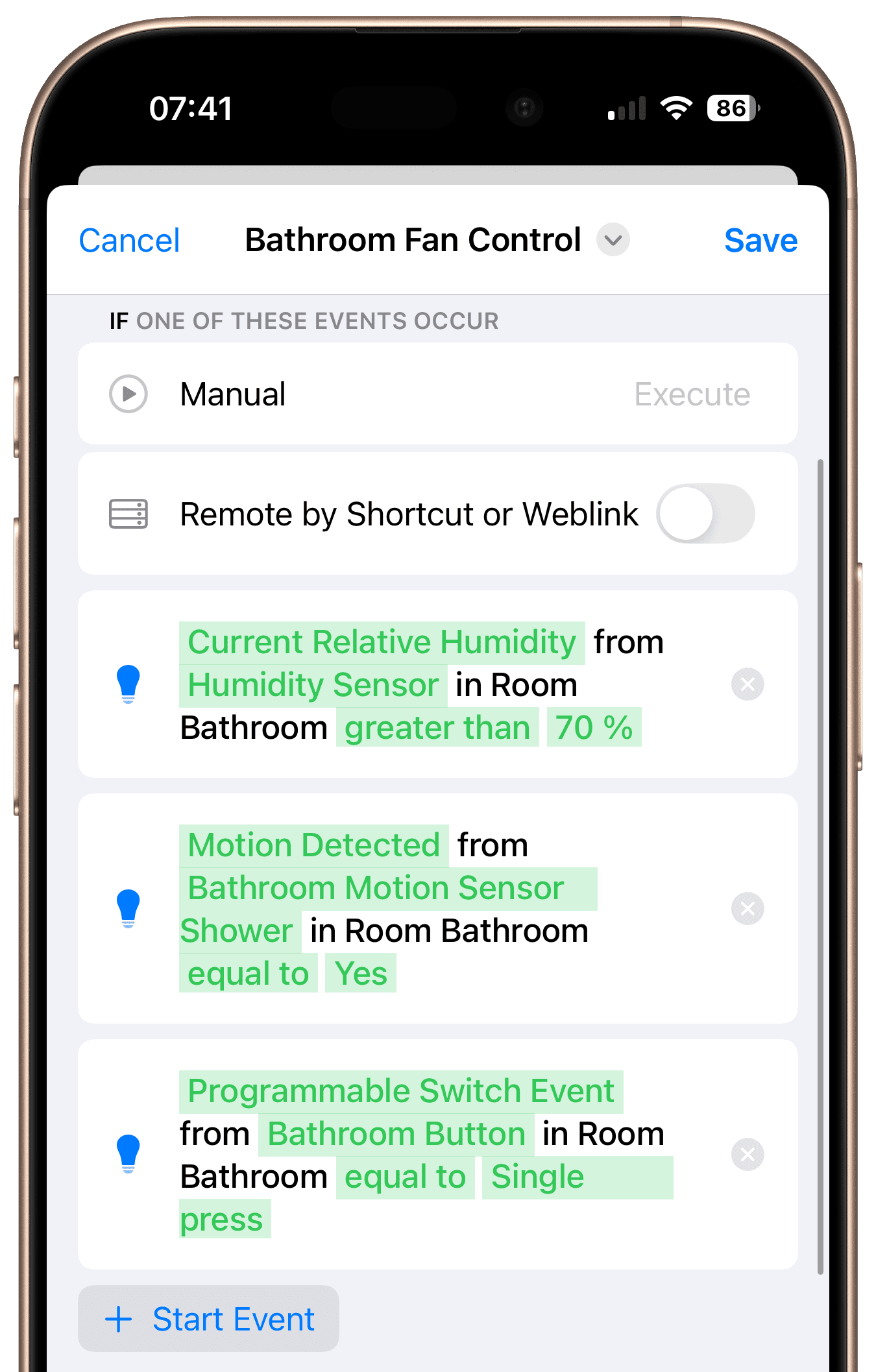 Multiple start events for bathroom fan workflow