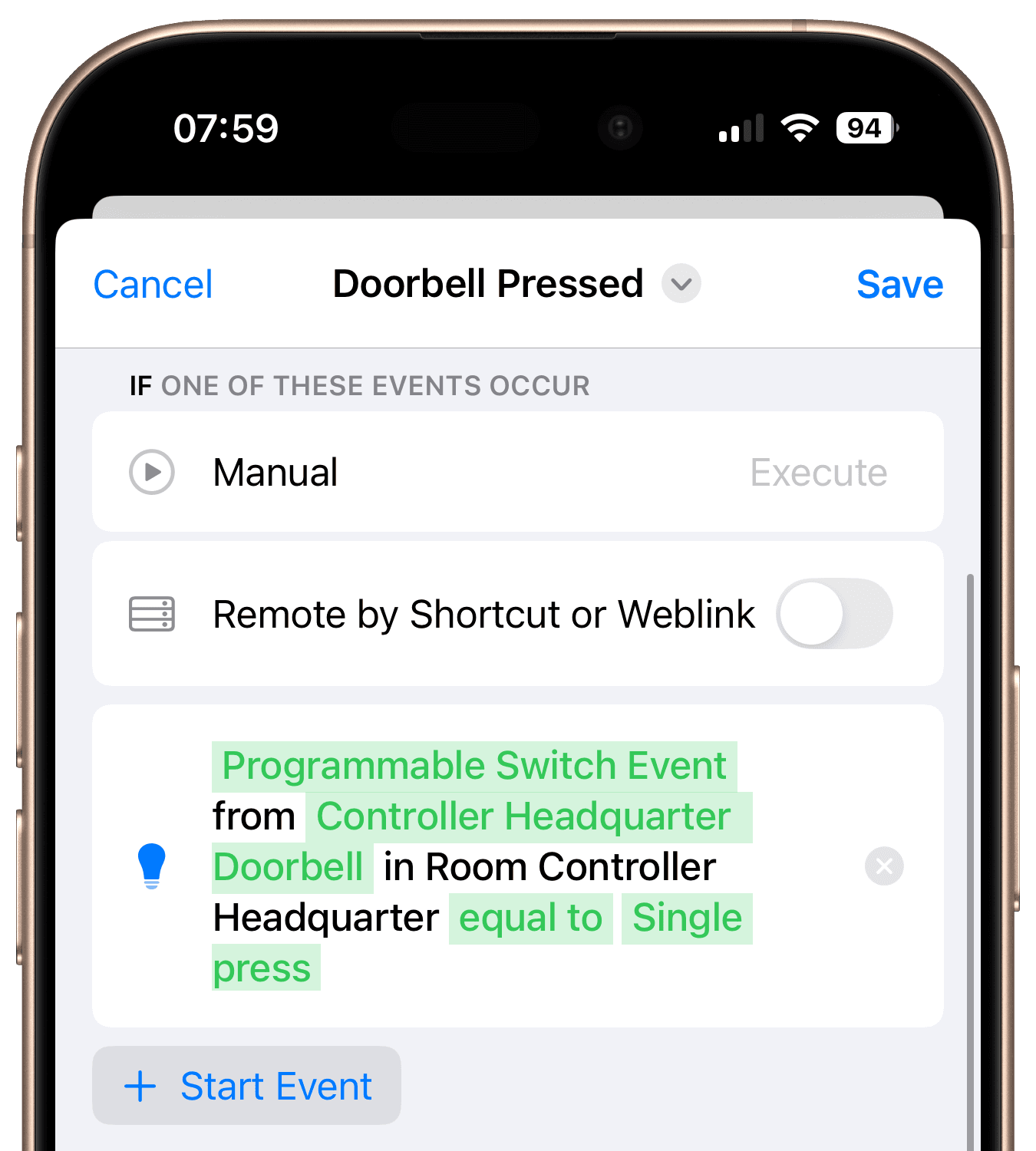 Workflow start event for button press