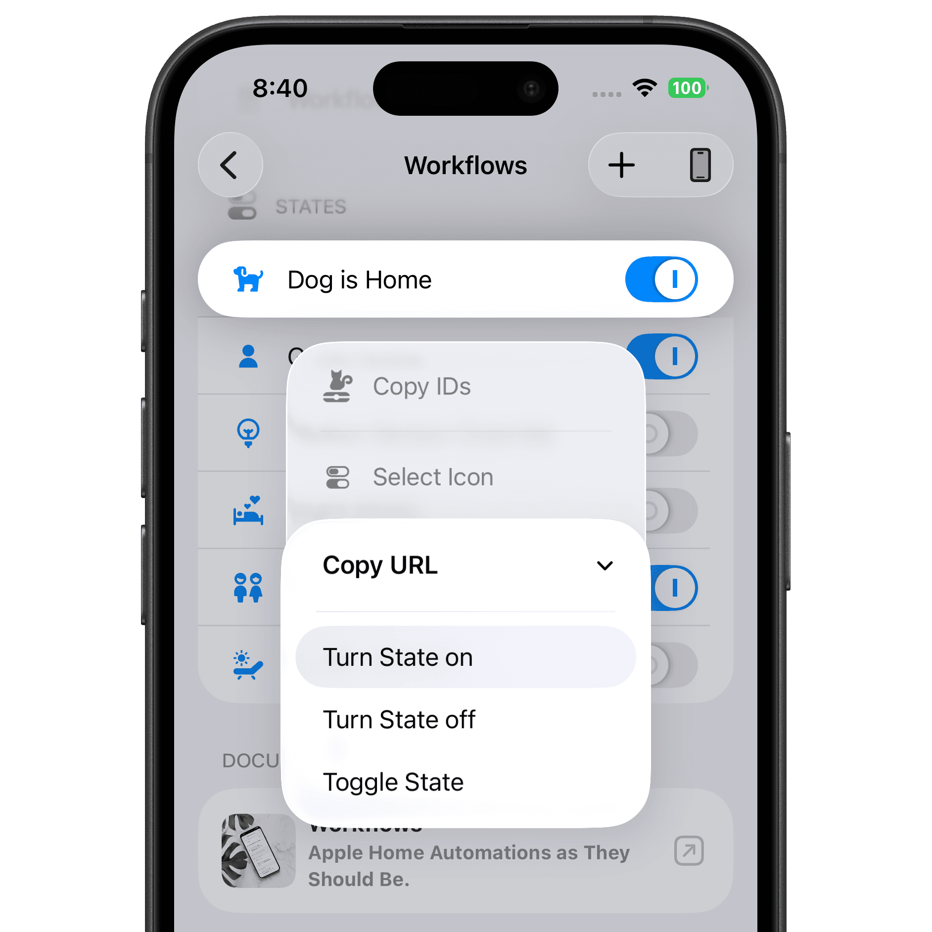 States URL menu on iPhone