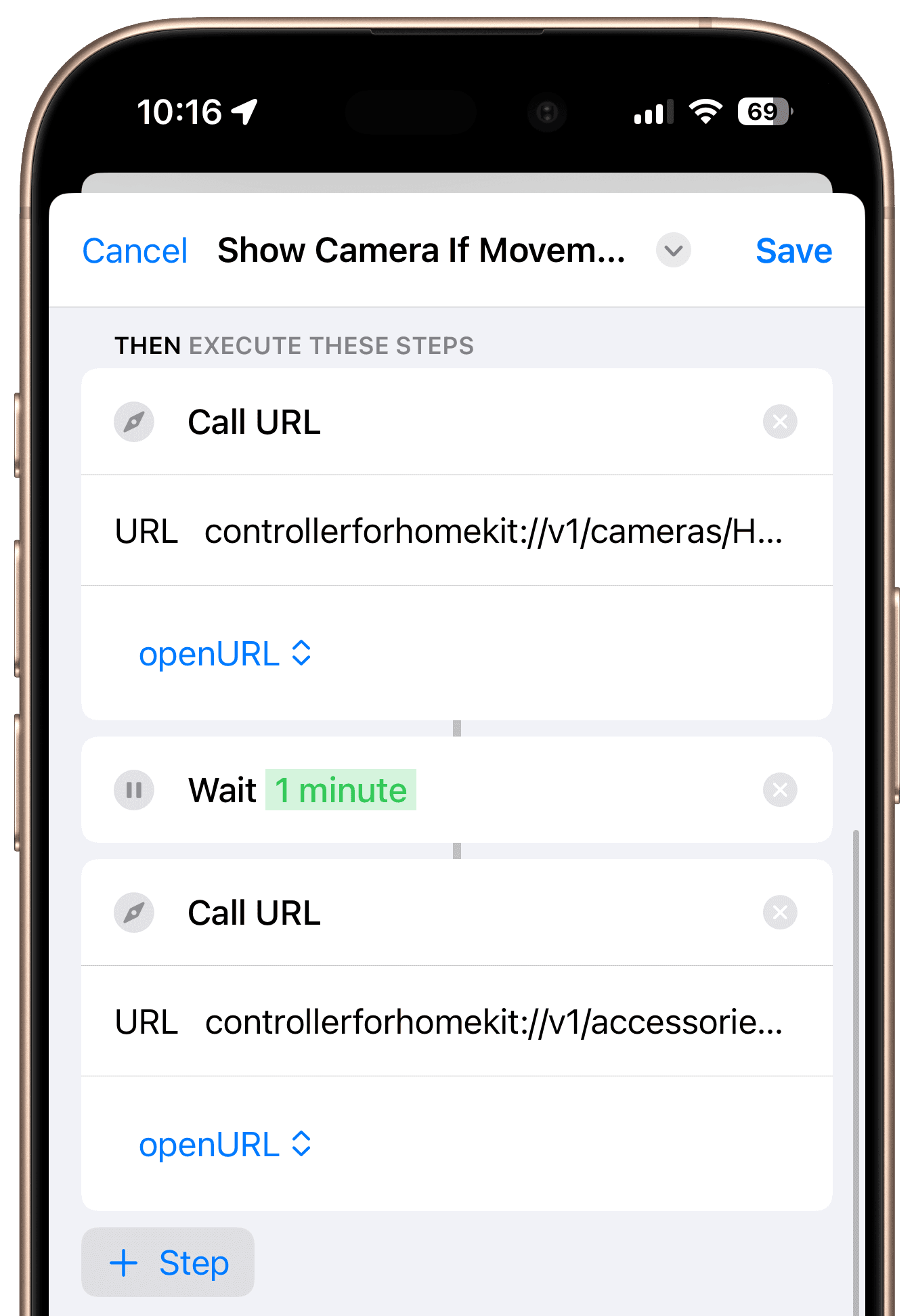 Workflow steps for opening camera and returning to accessories