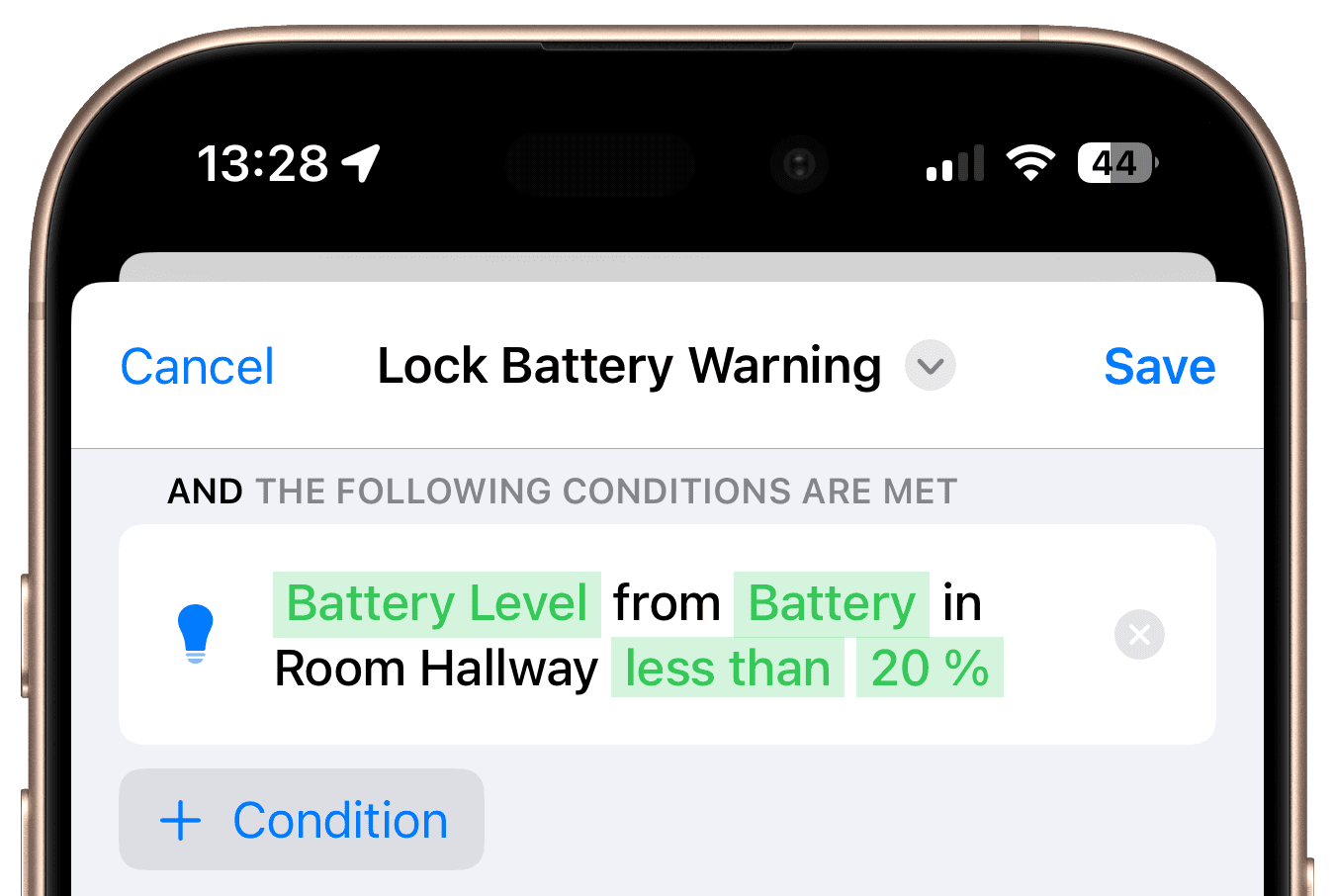 Condition comparing battery level against threshold