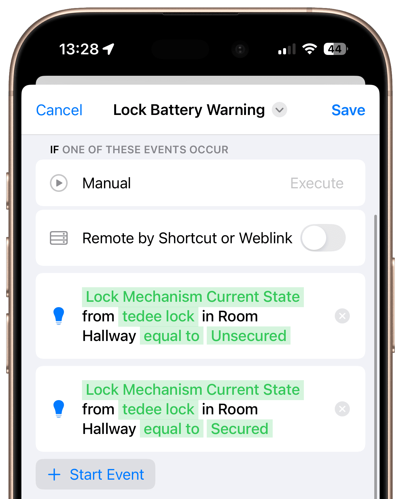 Start events for lock and unlock state