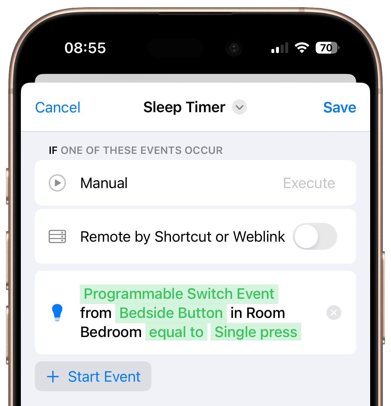 Start event with bedside button