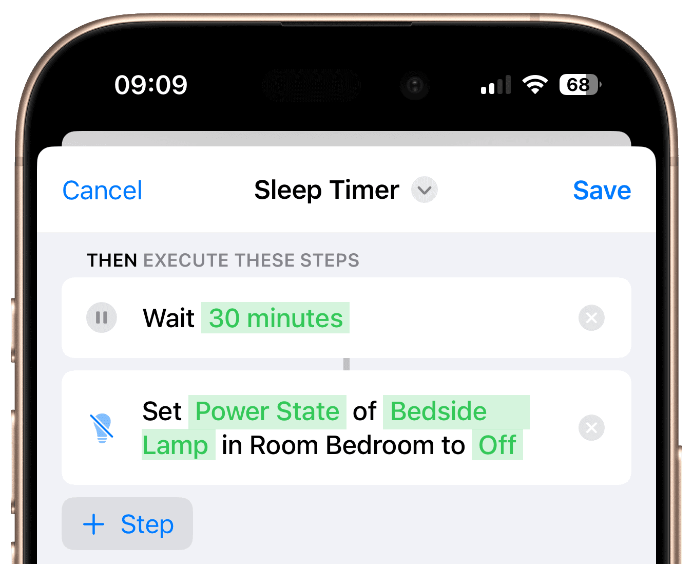 Sleep timer workflow steps with wait and scene execution