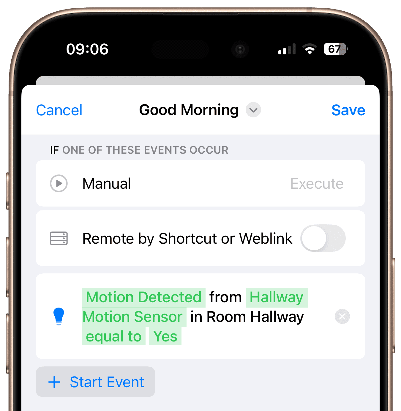 Start event with hallway motion sensor