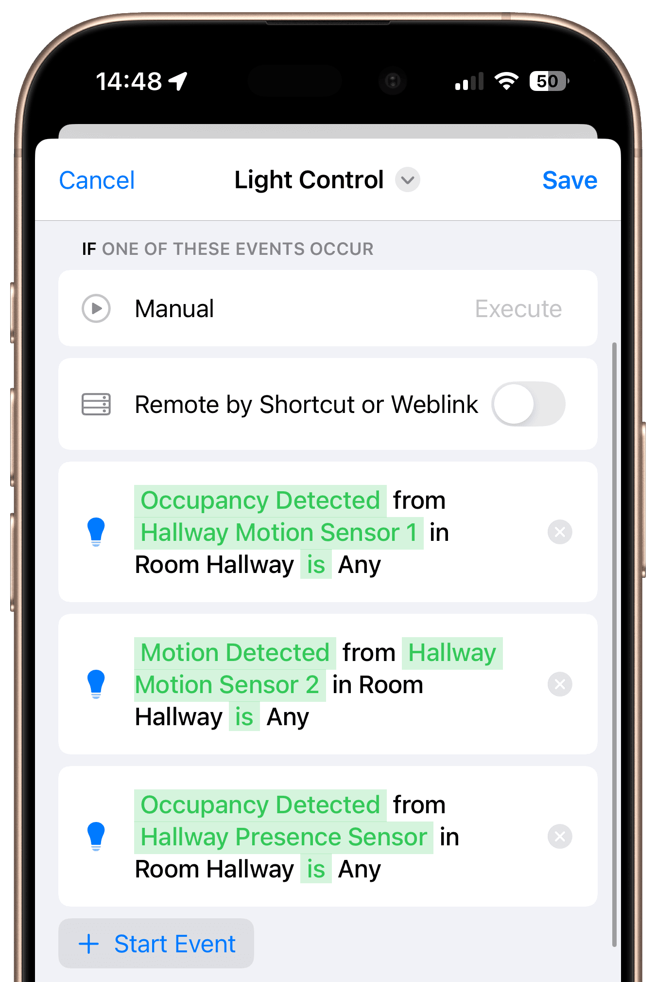Start events for multiple motion and presence sensors