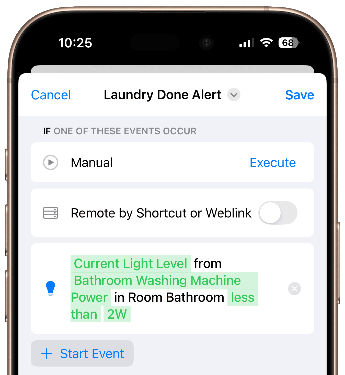 Start event based on washing machine power below threshold