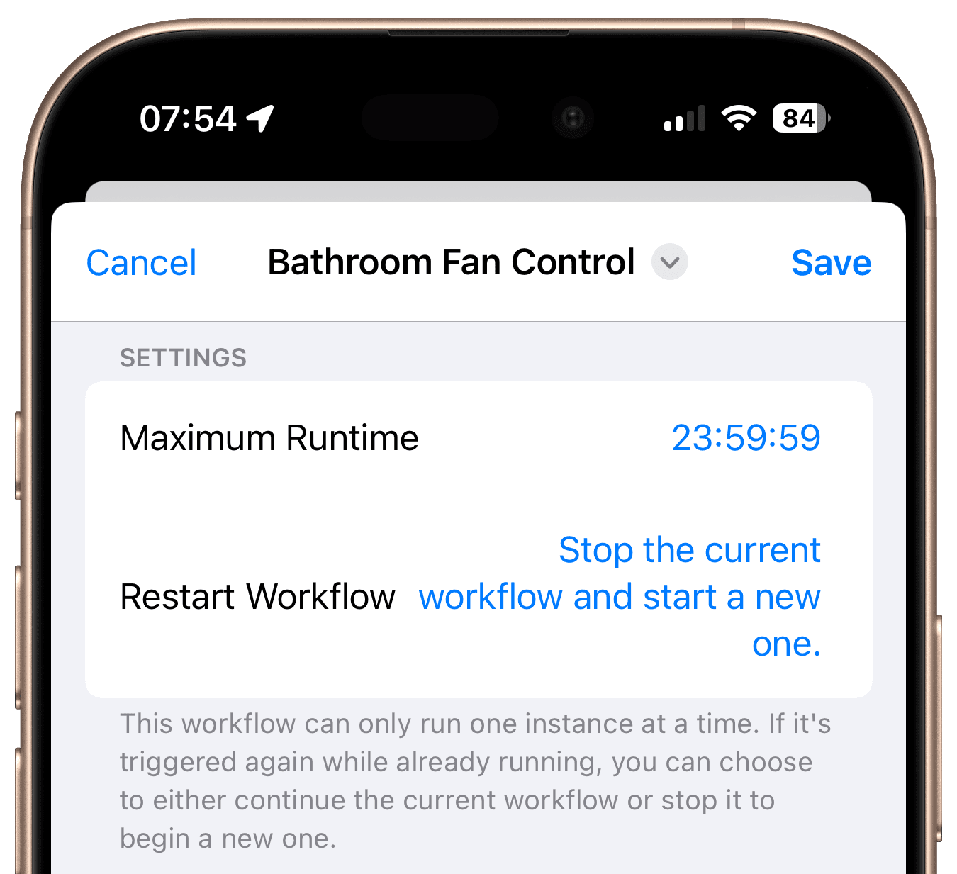 Workflow settings restart behavior for bathroom fan