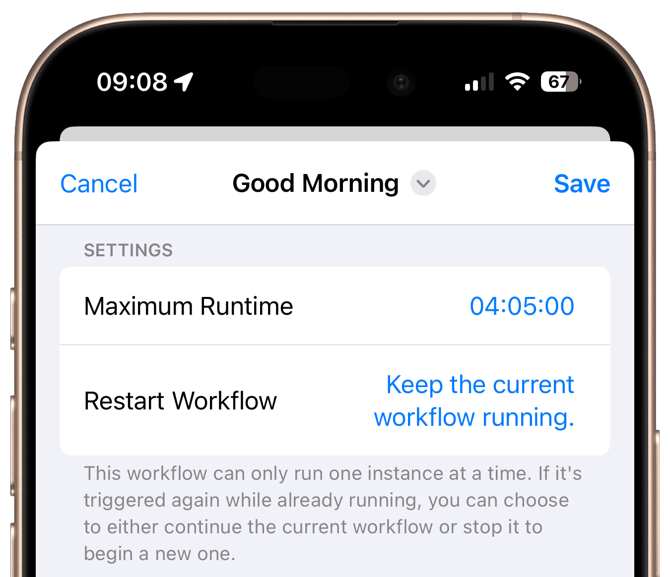 Settings showing keep current workflow running