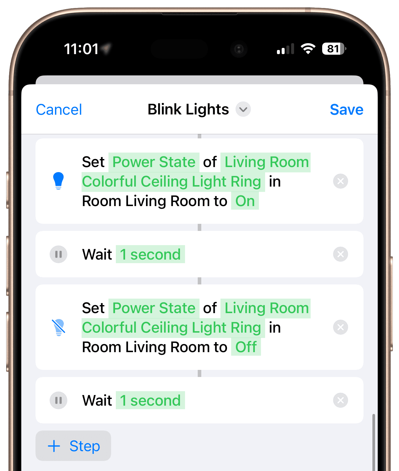 Workflow steps for the blink sequence: on, wait, off, wait