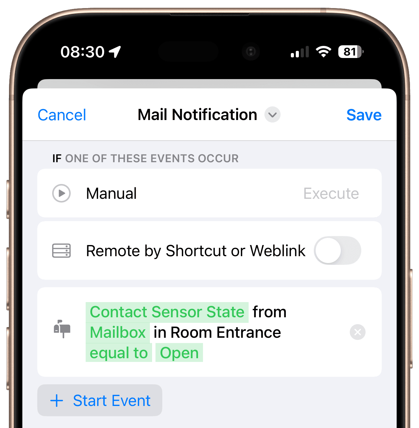 Start event for mailbox contact or motion sensor