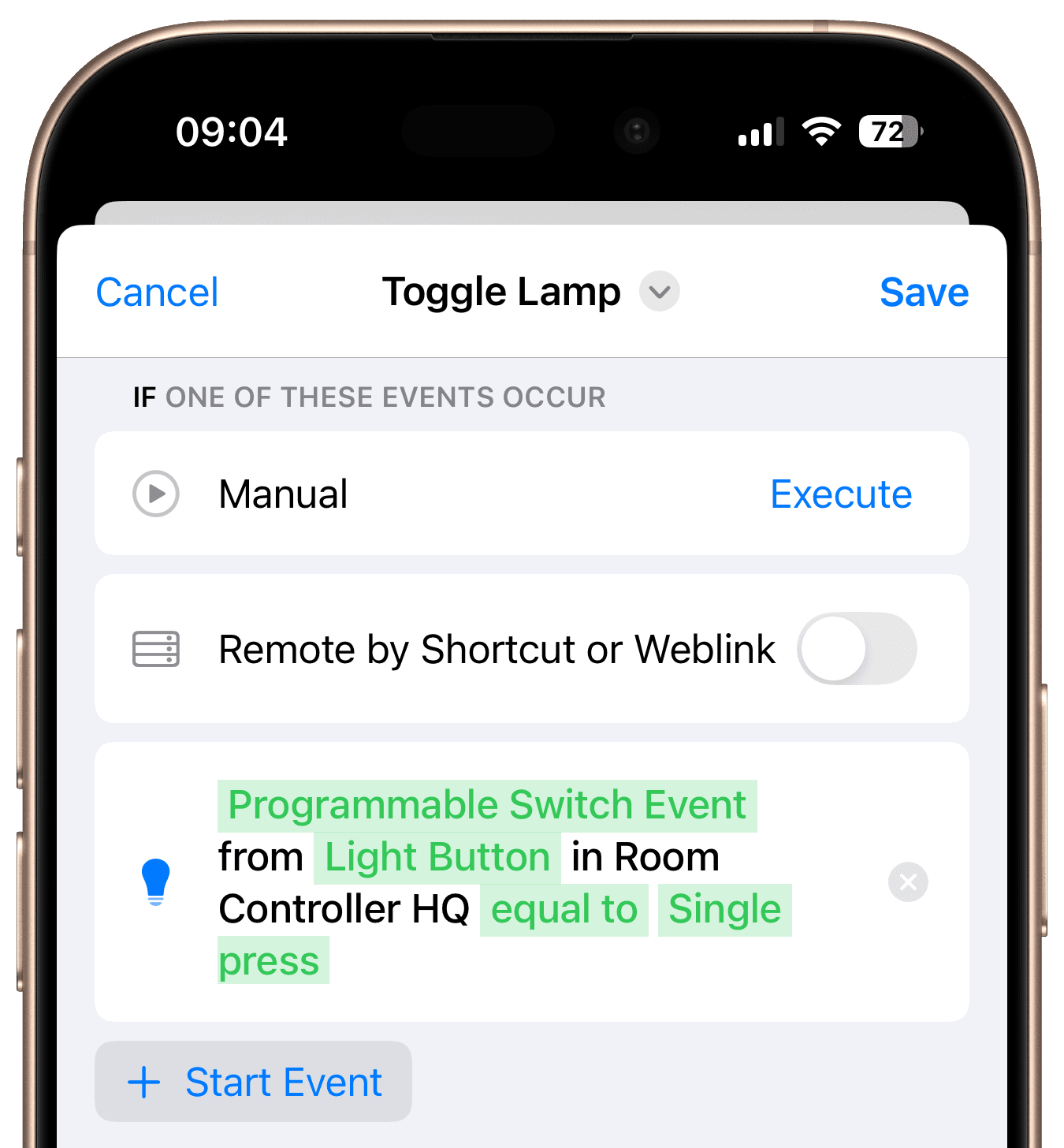 Start event configured for button press