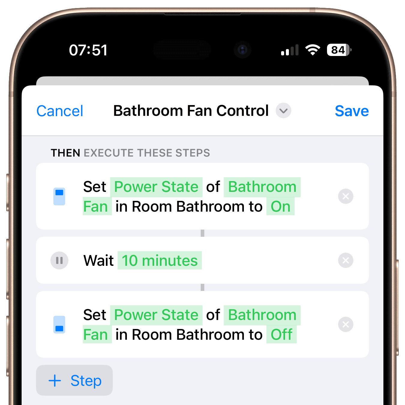 Workflow steps for bathroom fan control
