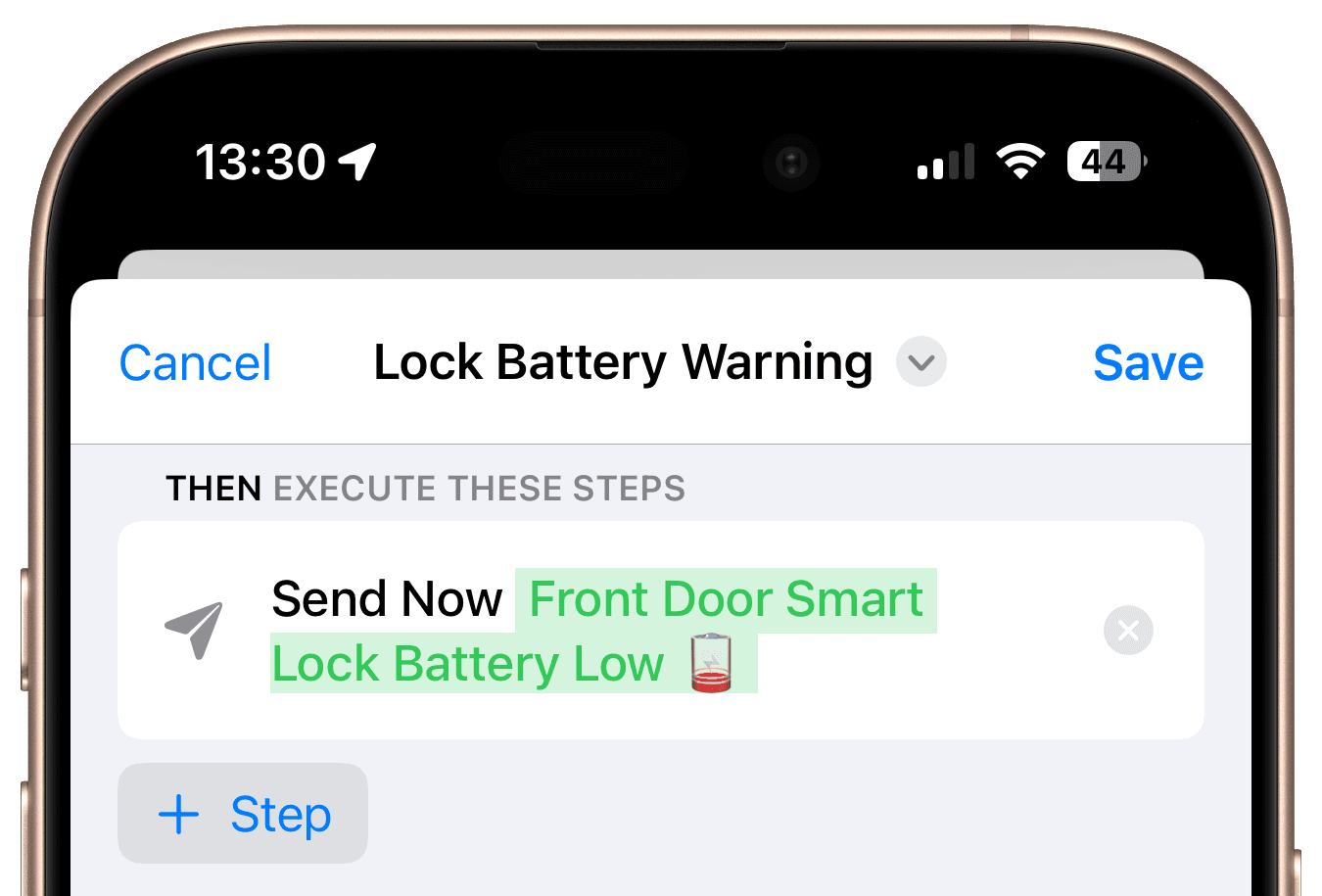Notification step in battery warning workflow