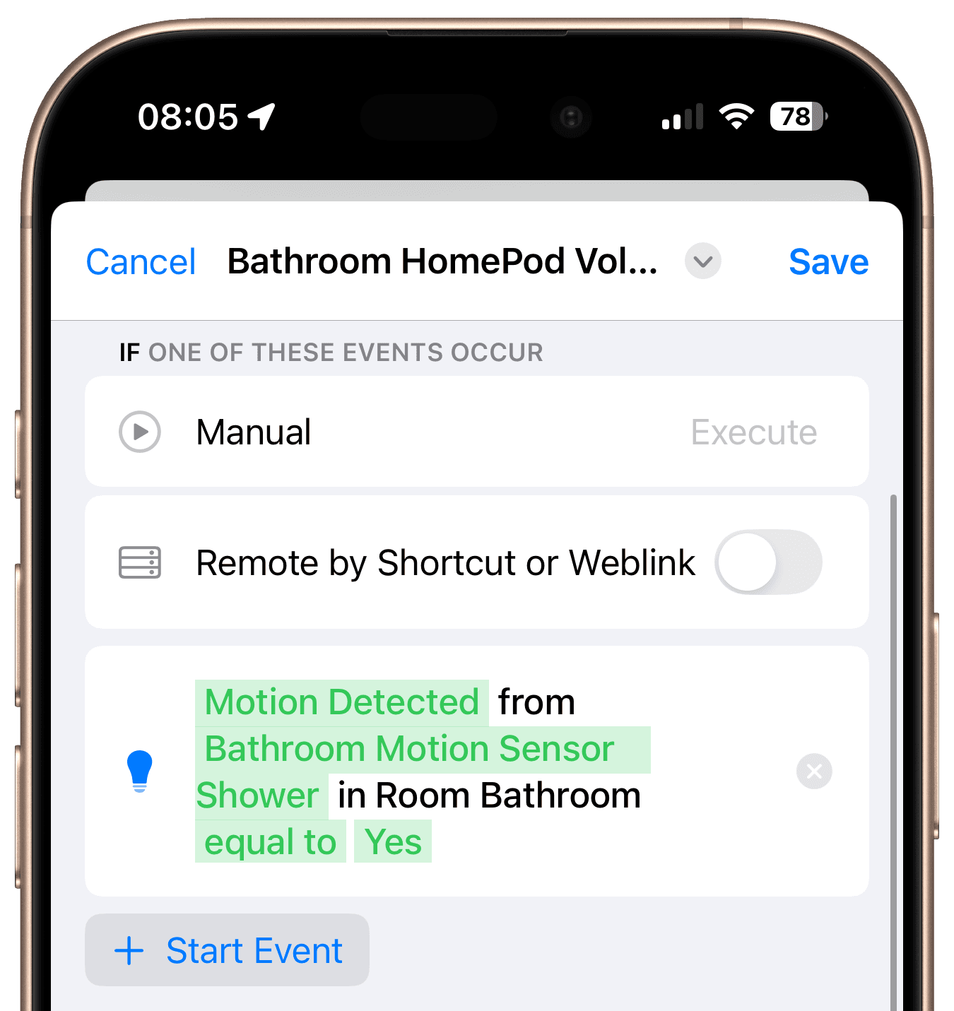 Start event configured with shower motion sensor