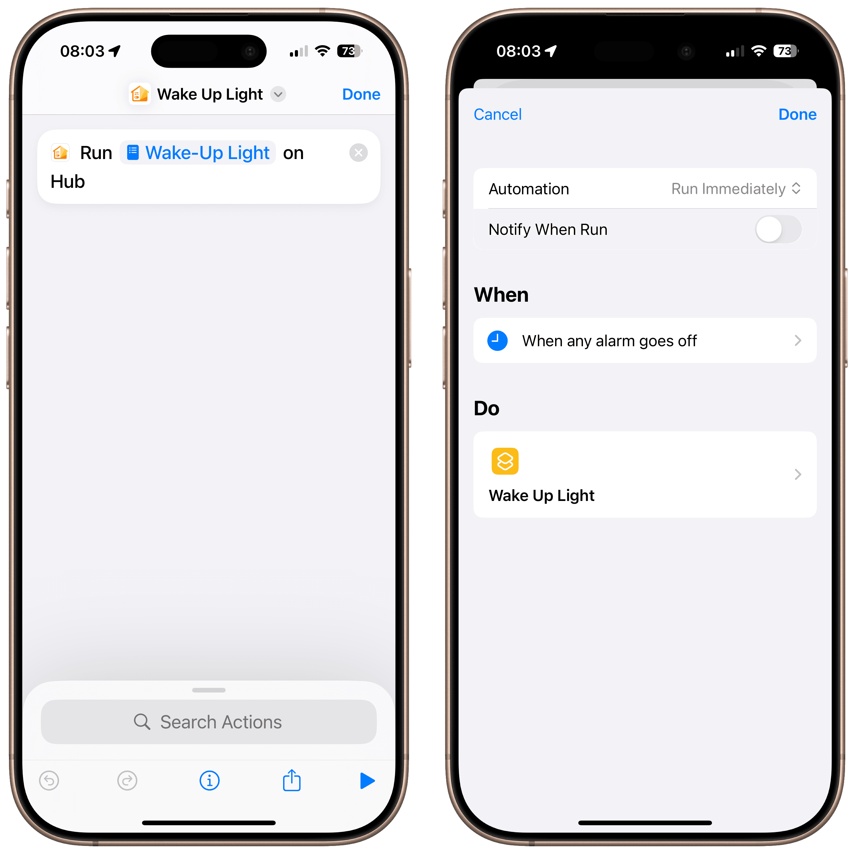 Siri Shortcut automation for wake-up light
