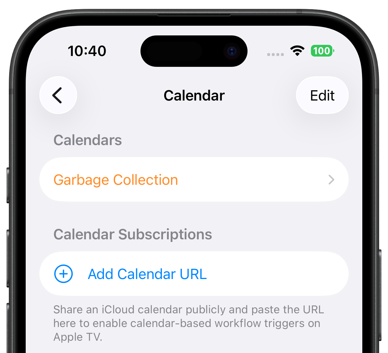 Calendar settings in Controller for HomeKit with waste calendar enabled