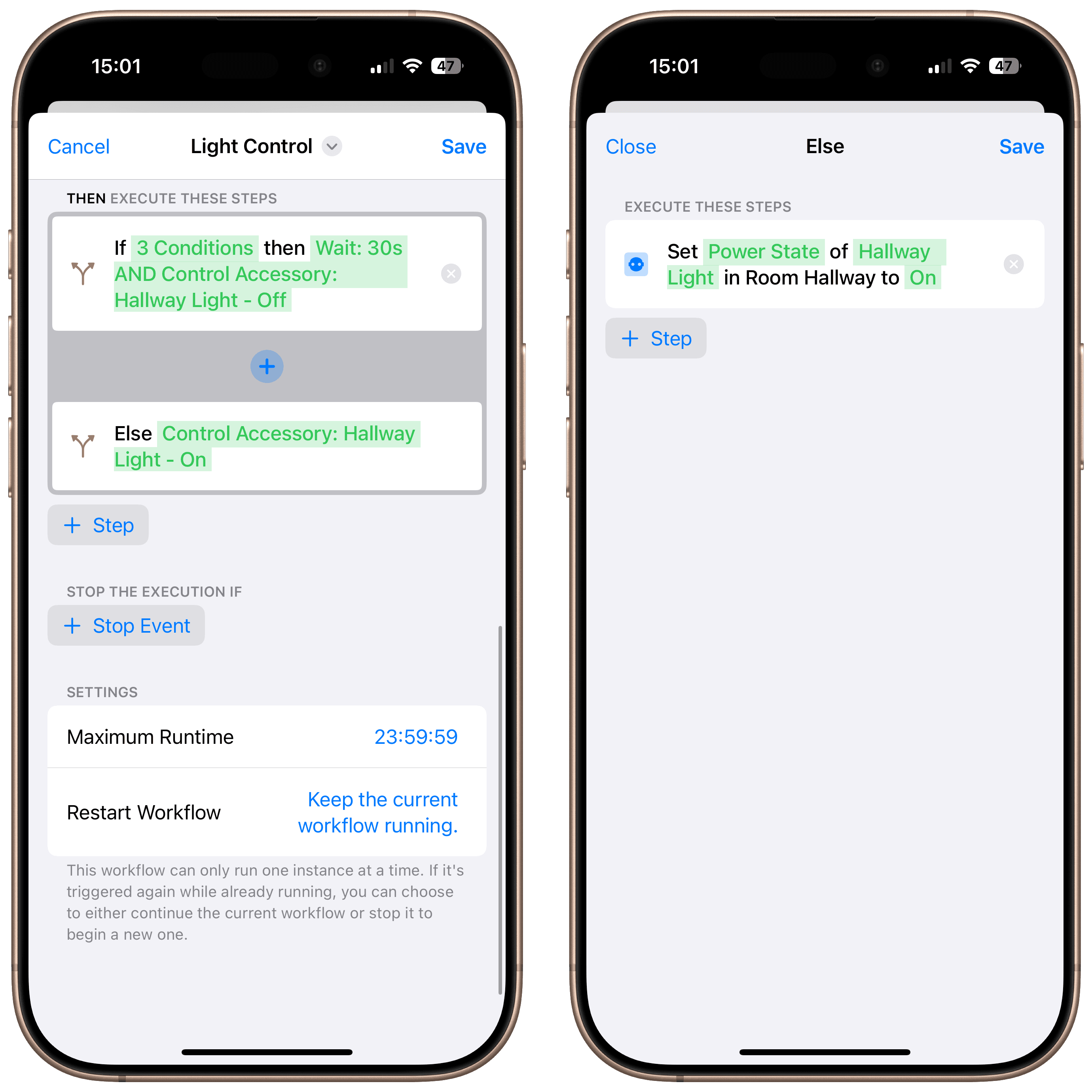 Else branch workflow setting lights on