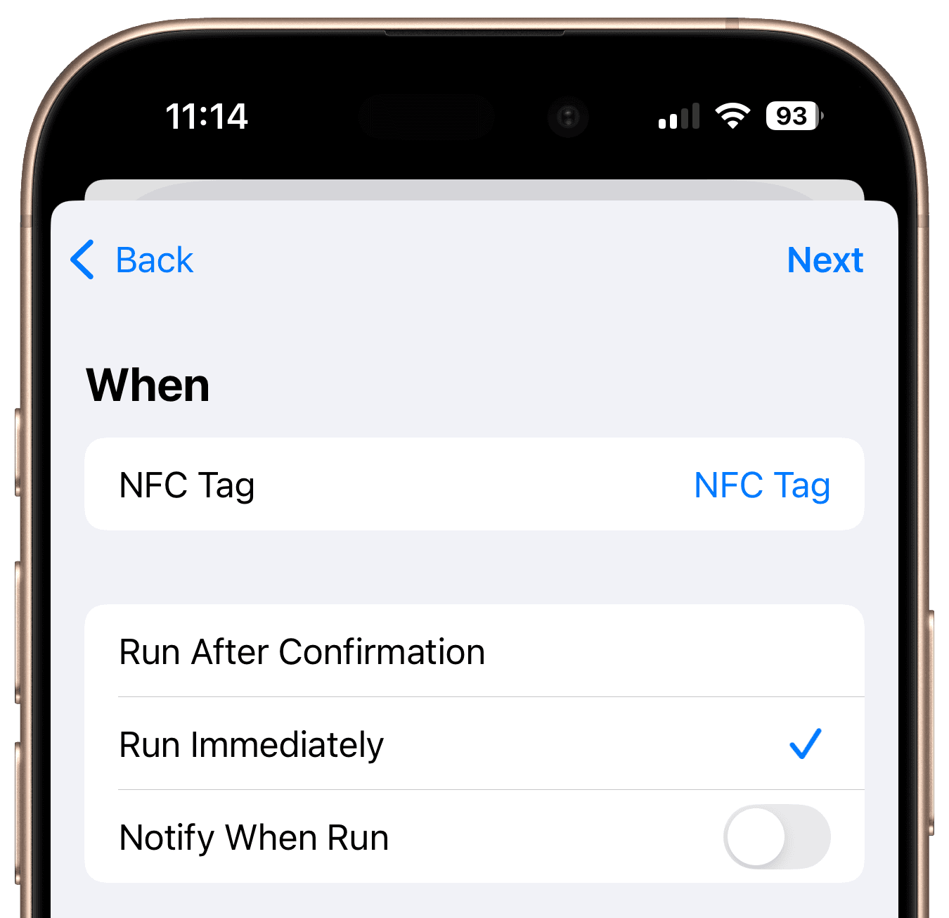 NFC automation settings with Run Immediately enabled