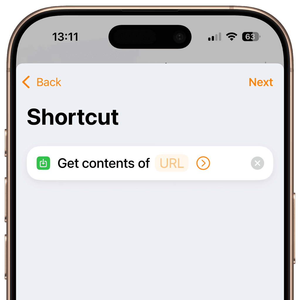 Apple Shortcuts screen with URL action