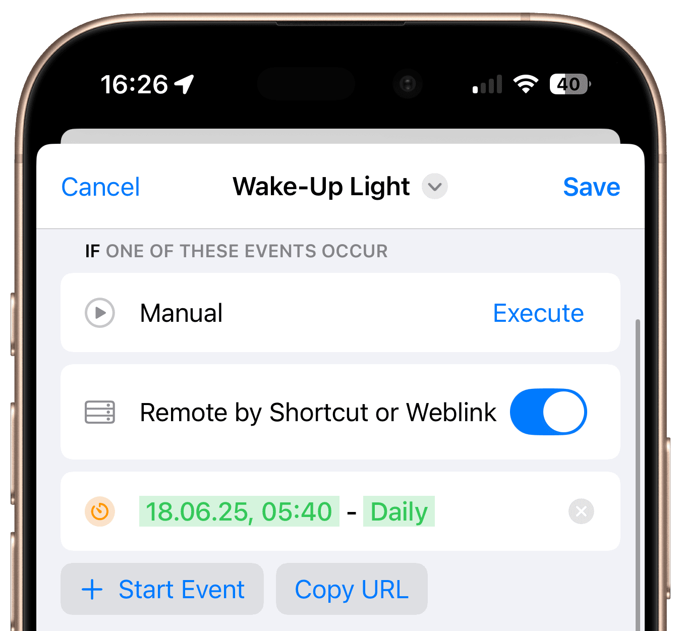 Wake-up light start event with daily schedule
