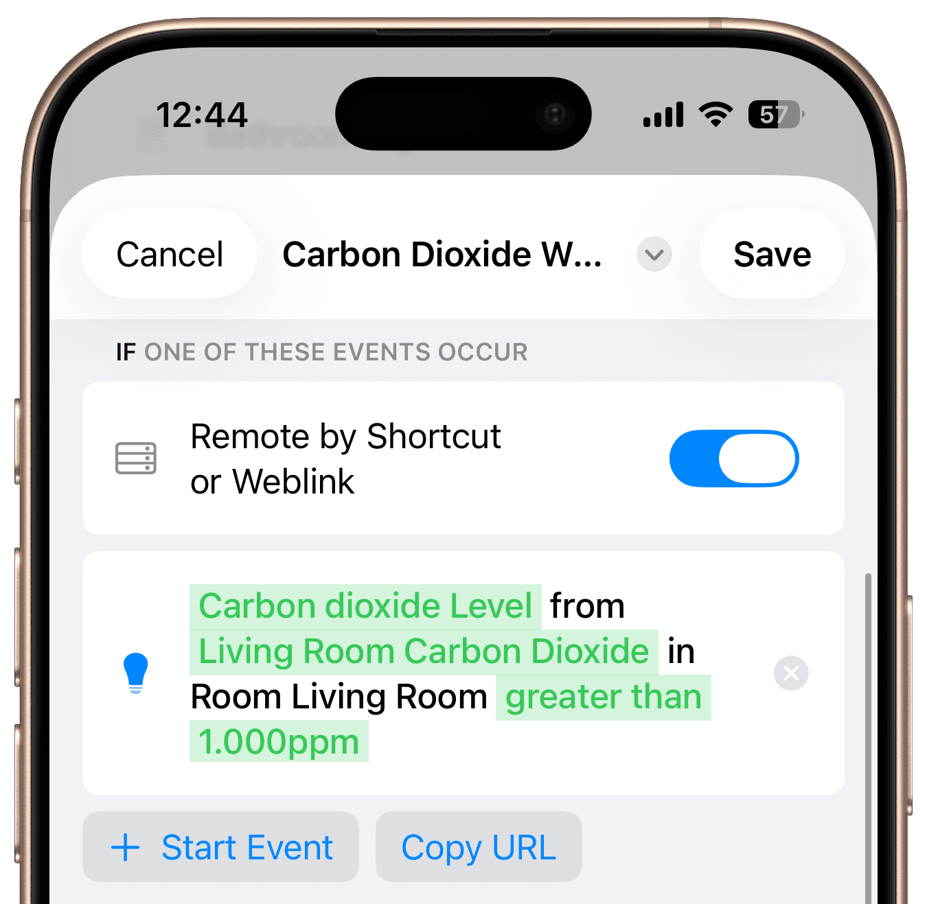 Start event configured with accessory value above threshold