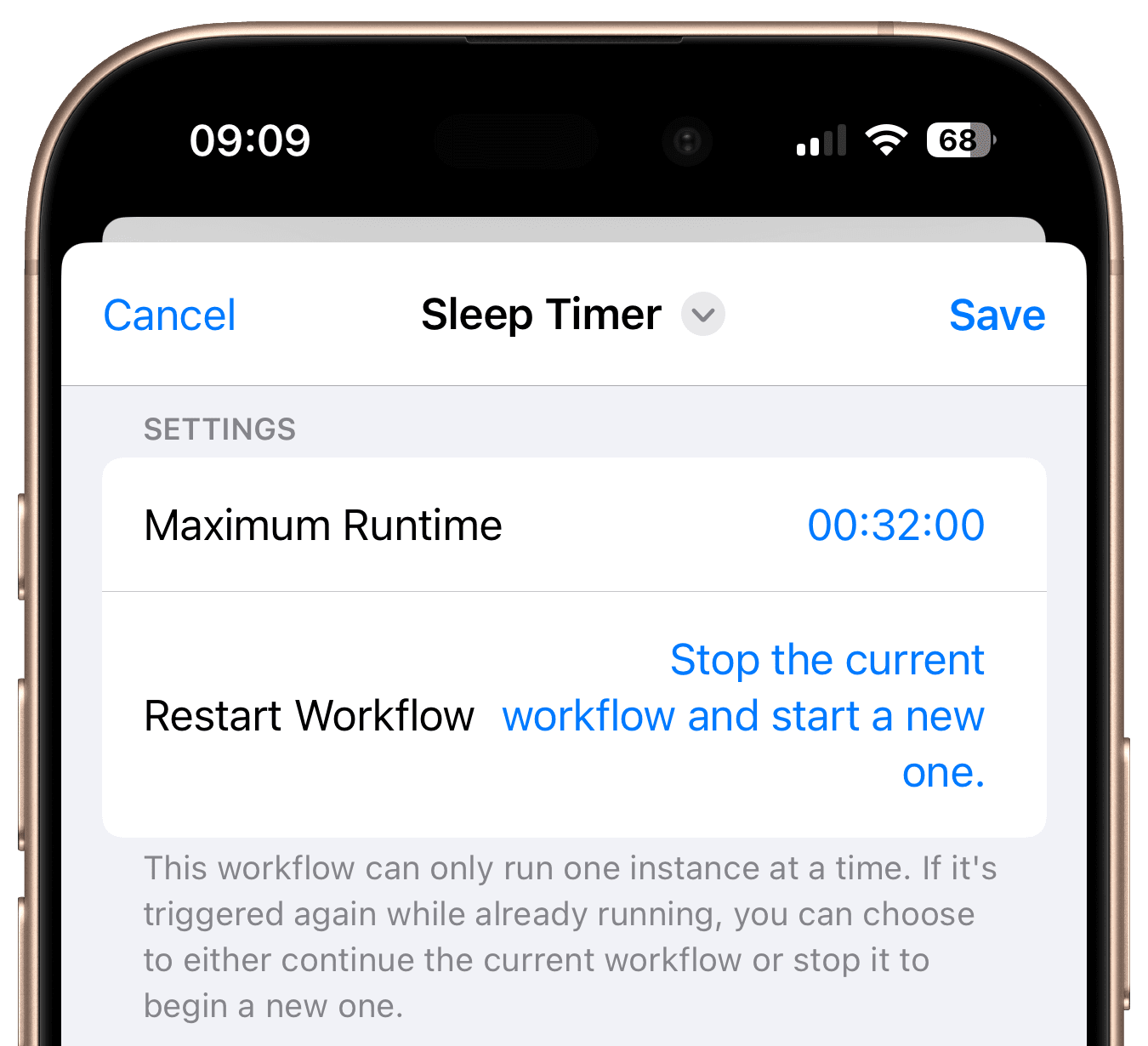 Sleep timer workflow settings