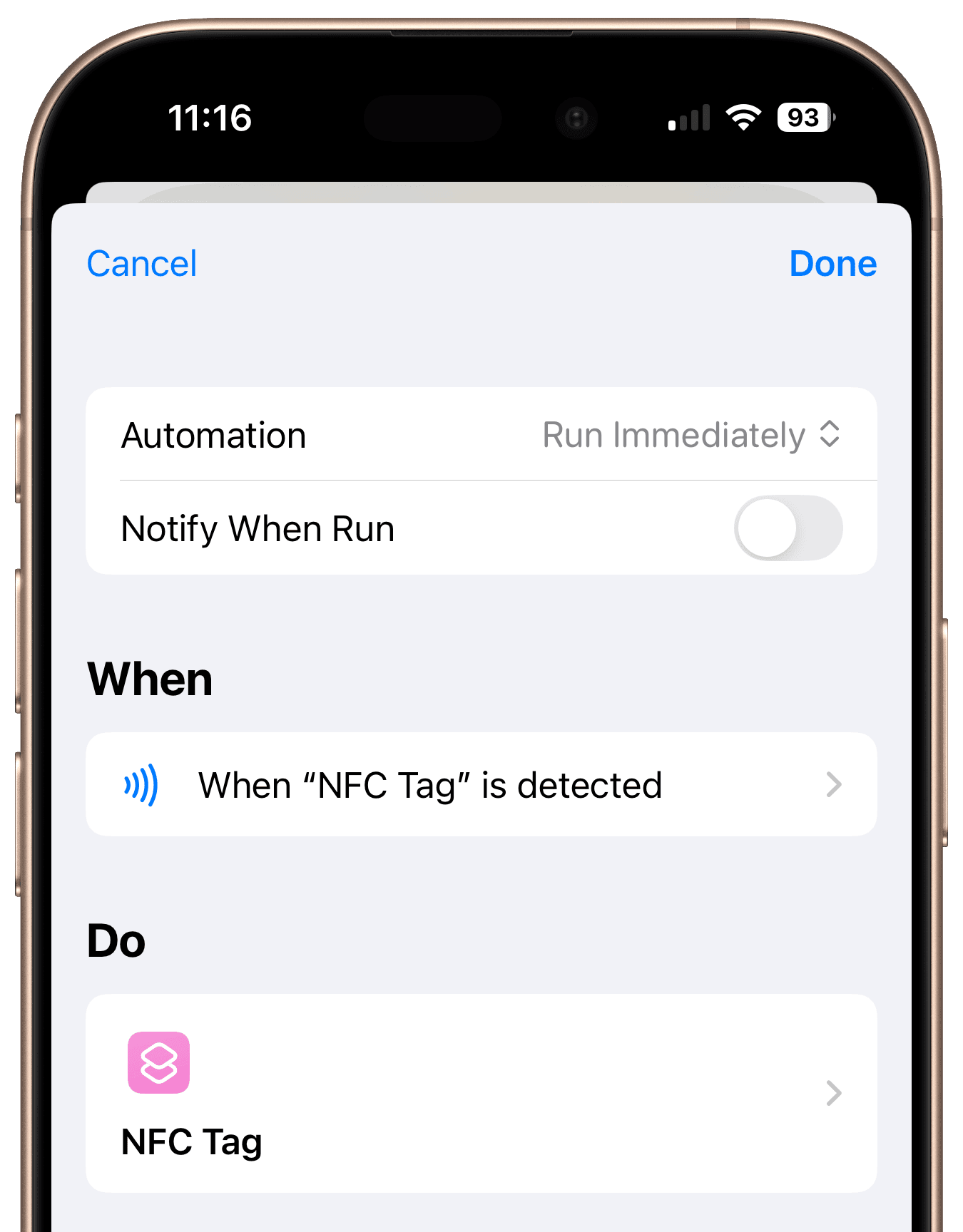 Selecting shortcut for NFC automation