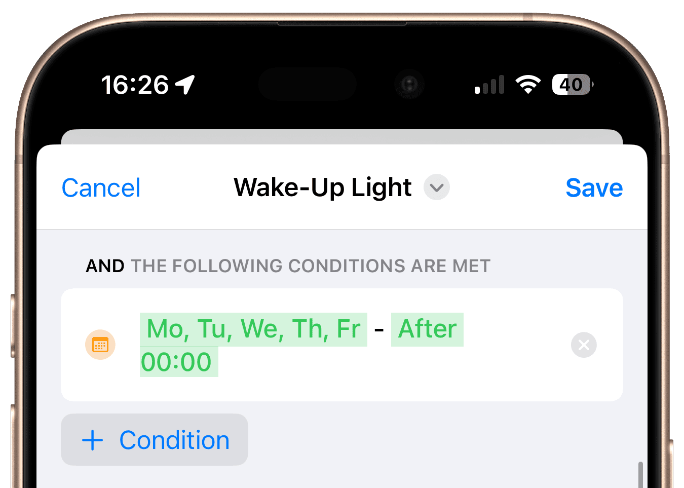 Wake-up light condition with weekday selection