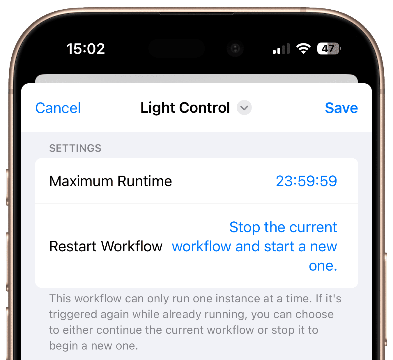 Workflow settings with restart behavior configuration