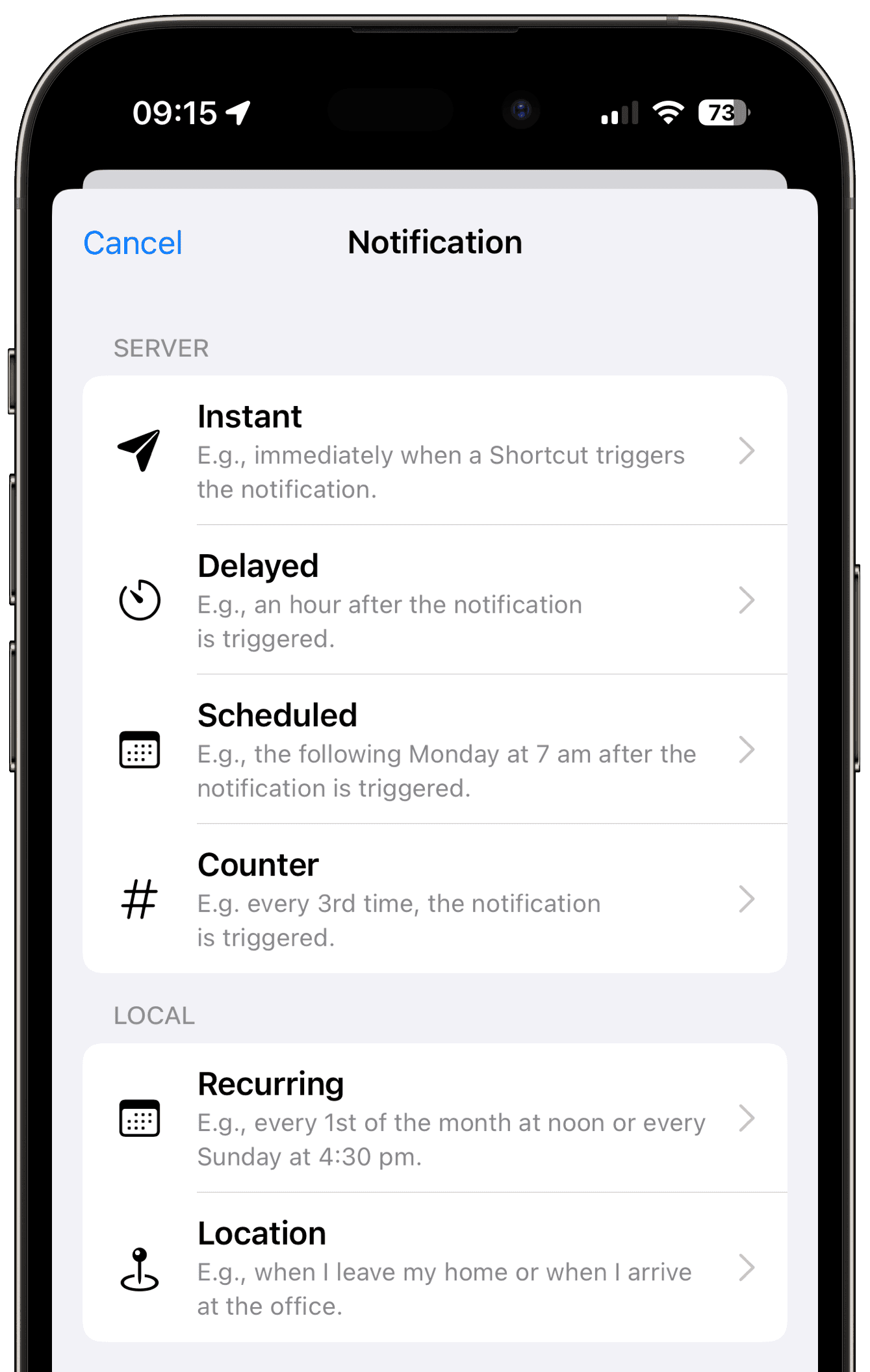 Notification type list