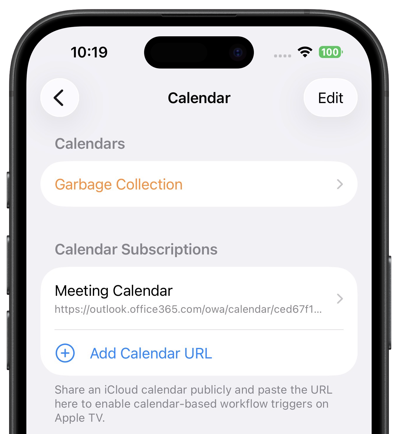 Calendar settings in Controller for HomeKit with meeting calendar enabled