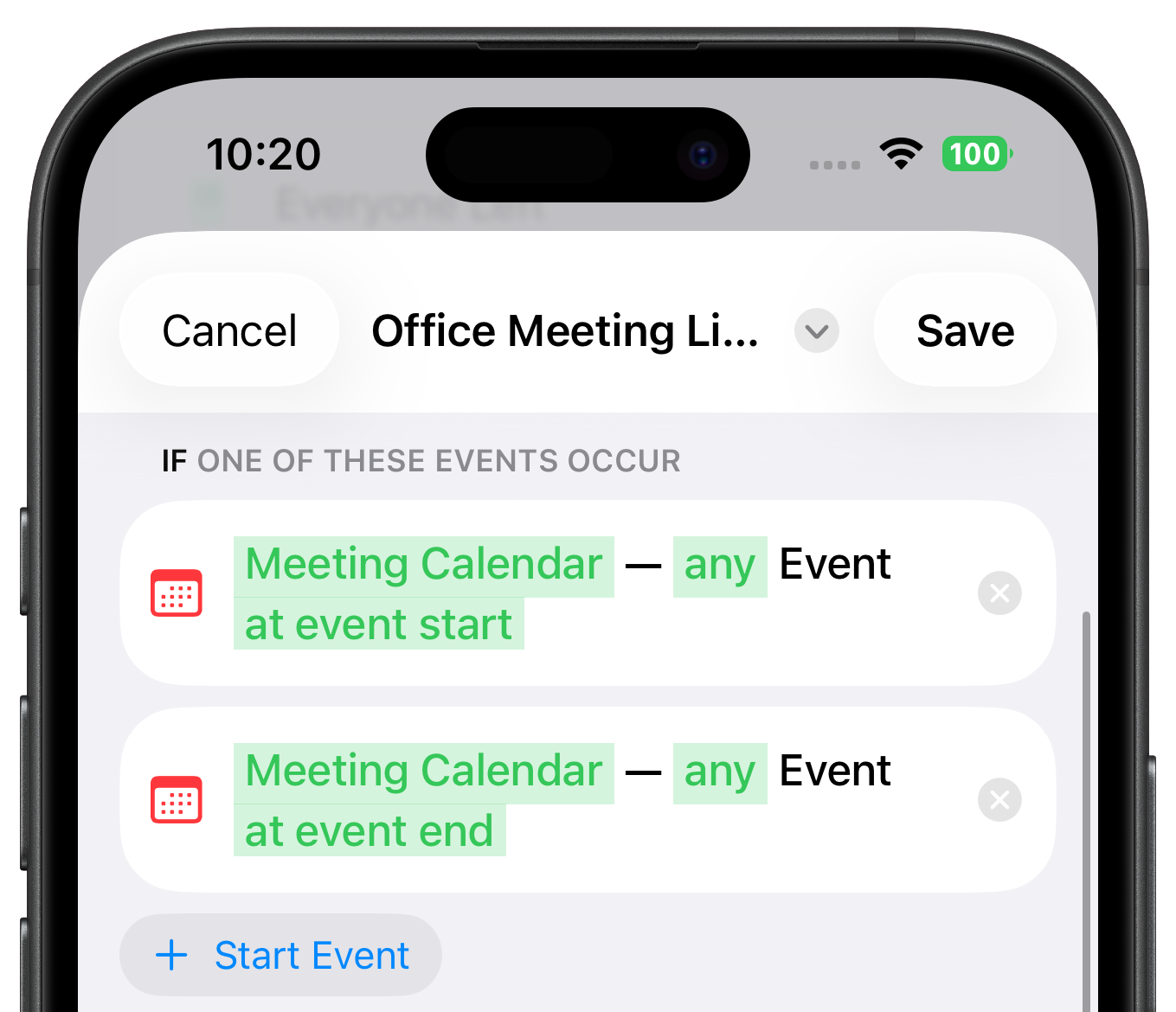 Two start events: Event starts and Event ends