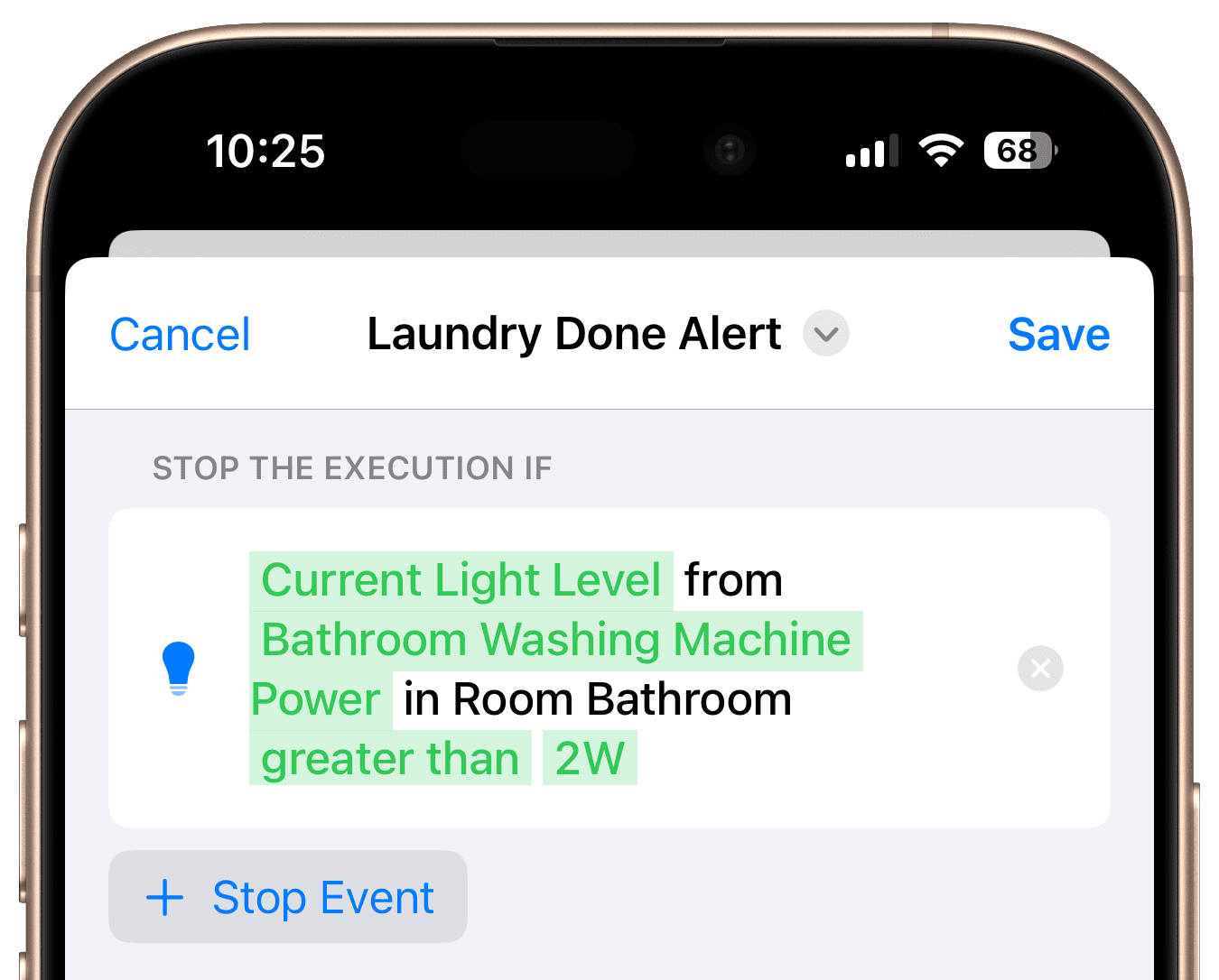 Stop event based on washing machine power above threshold