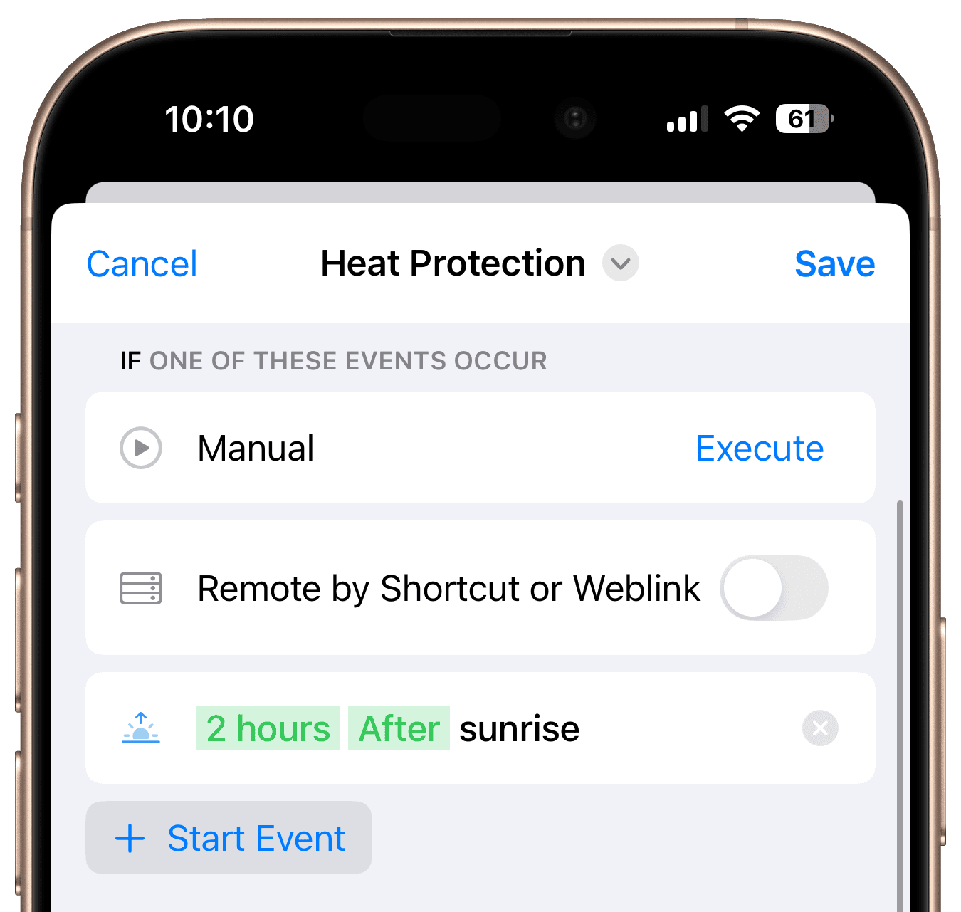Start event configured 2 hours after sunrise