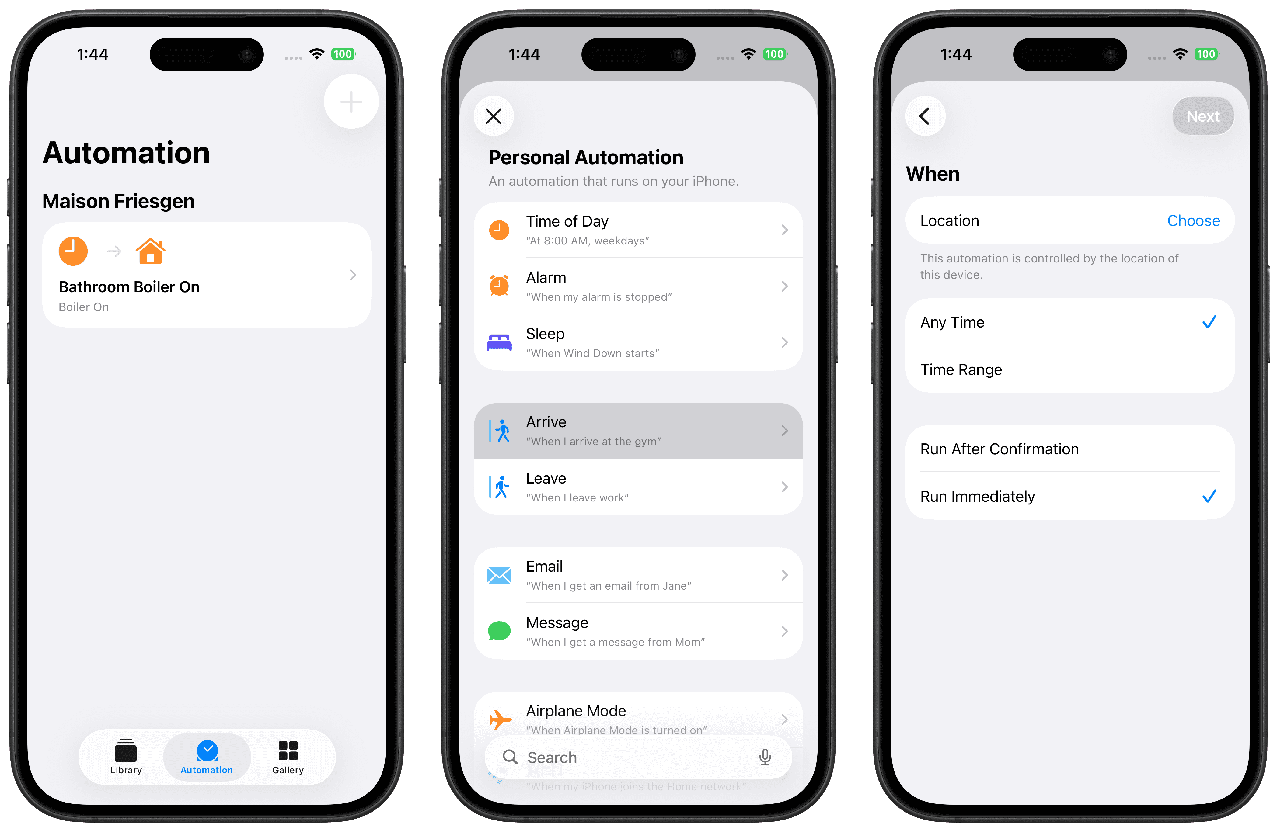 Shortcuts automation setup for arrive trigger