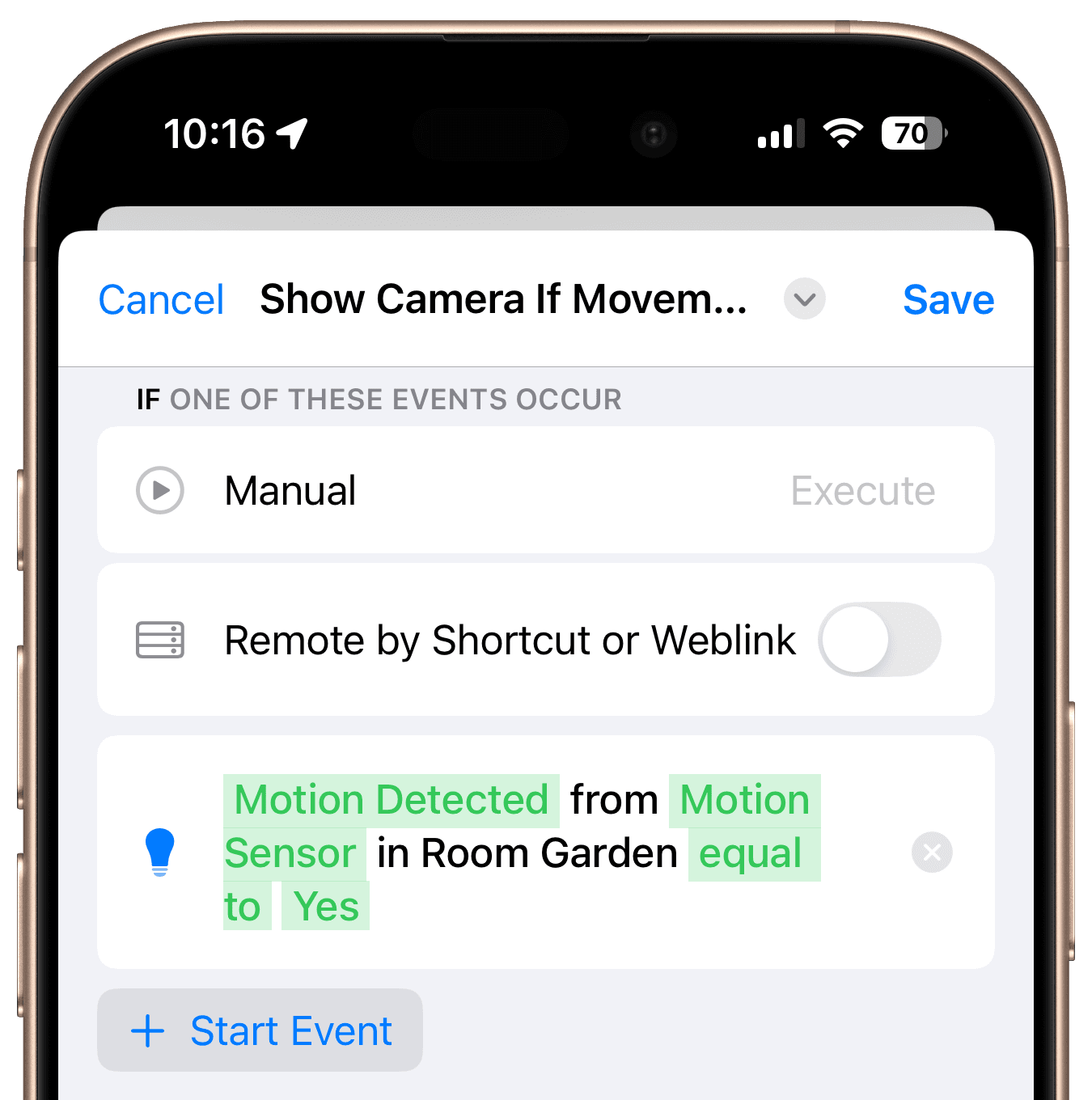 Workflow start event for motion or button trigger