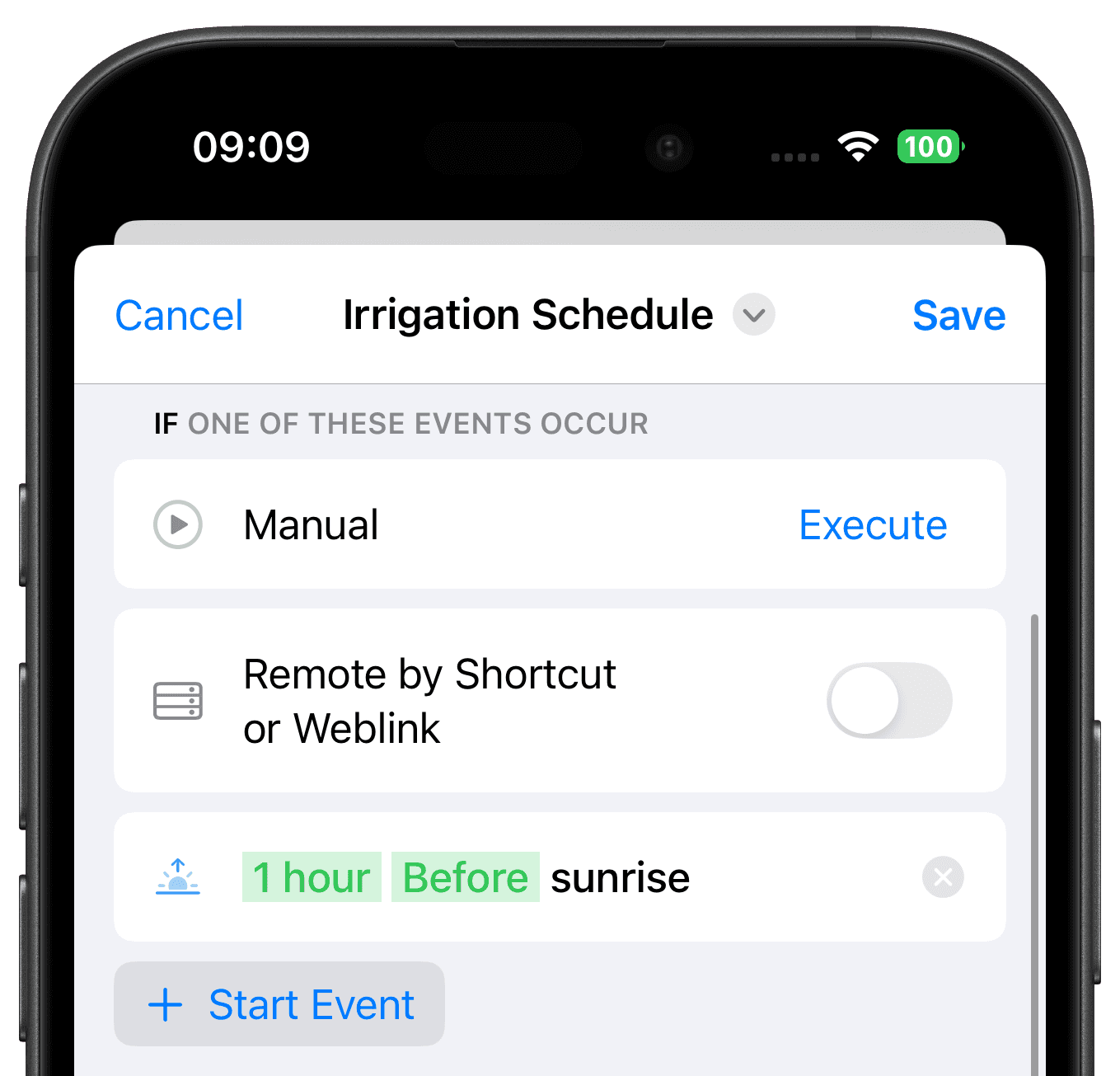 Irrigation start event one hour before sunrise