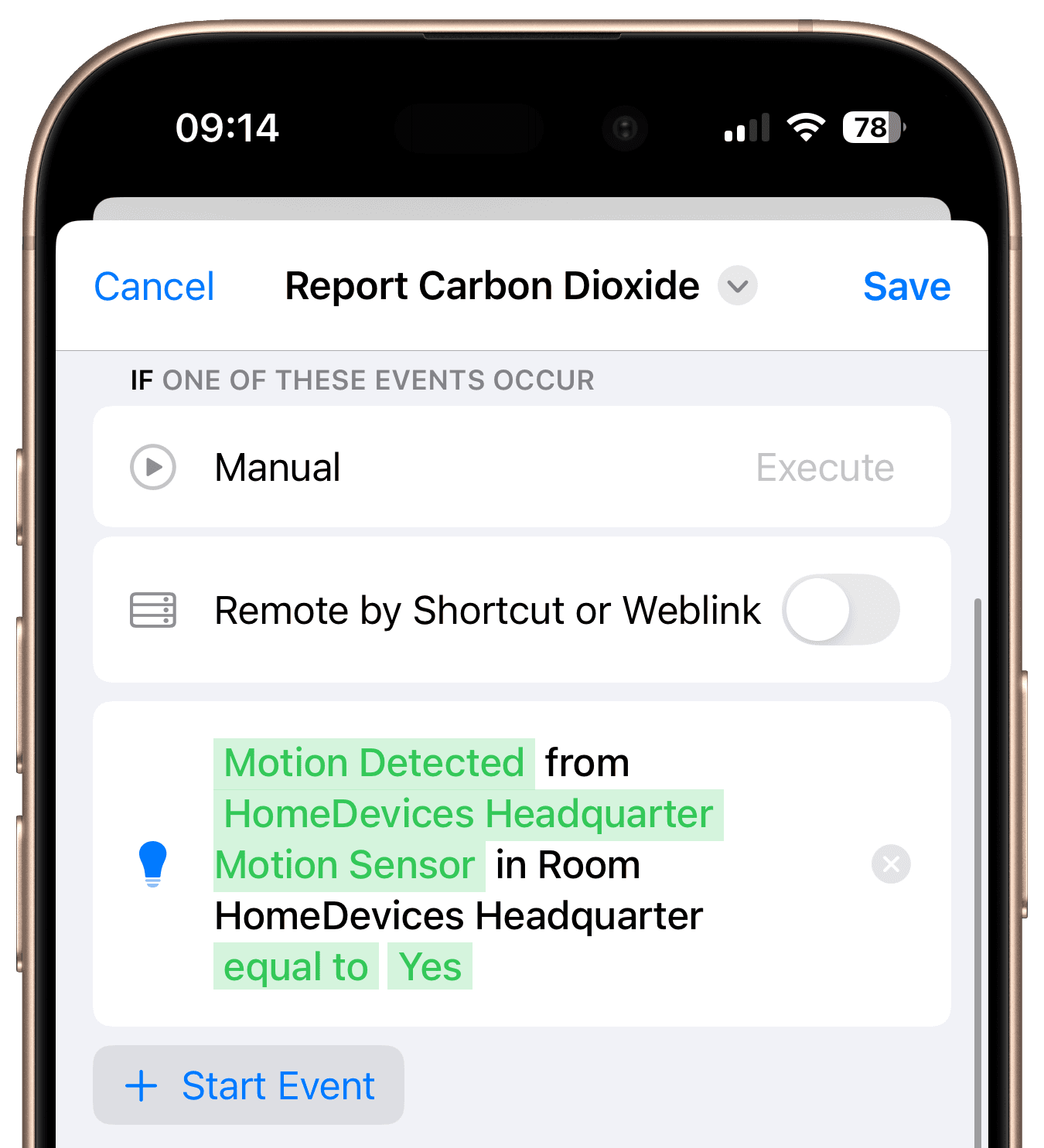 Start event configured with accessory value trigger